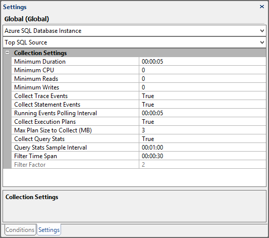 Settings Pane Azure SQL Database Top SQL Source Global