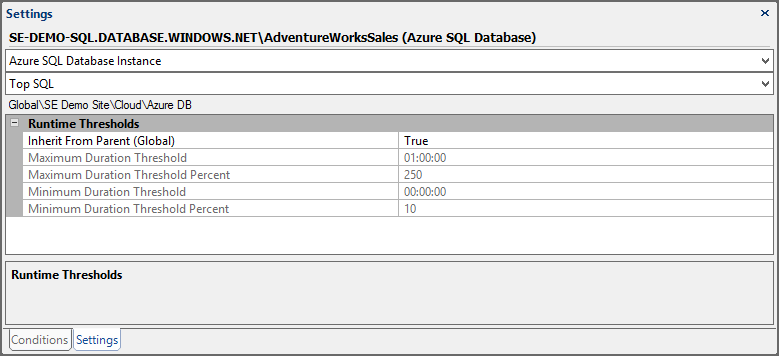 Settings Pane Azure SQL Database Top SQL Target