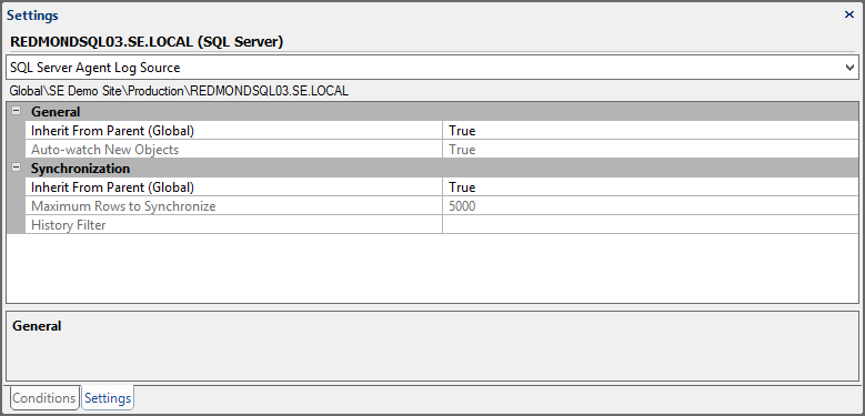 Settings Pane SQL Server SQL Server Agent Log Source Target
