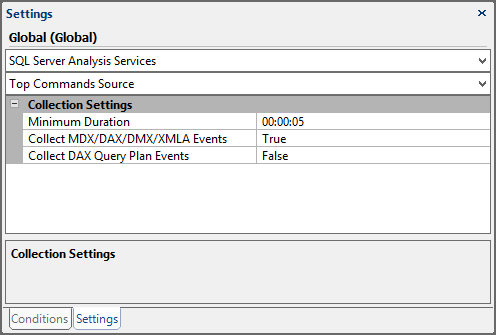 Settings Pane SQL Server Analysis Services Top Commands Source Global