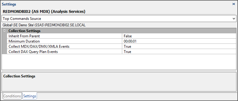 Settings Pane SQL Server Analysis Services Top Commands Source Target