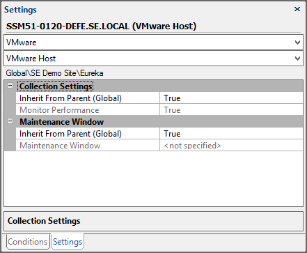 Settings Pane VMware Host Target