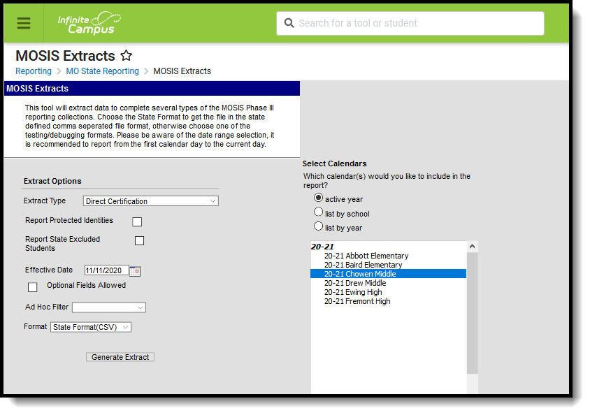 Screenshot of the MOSIS Direct Certification extract editor.