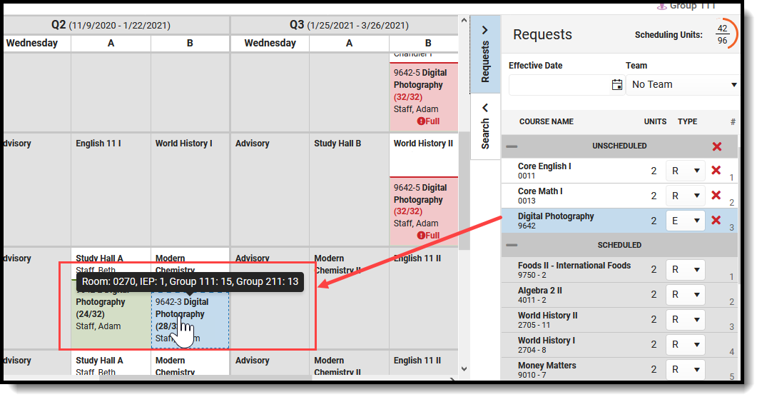 Screenshot of adding an unscheduled request to the schedule grid. 