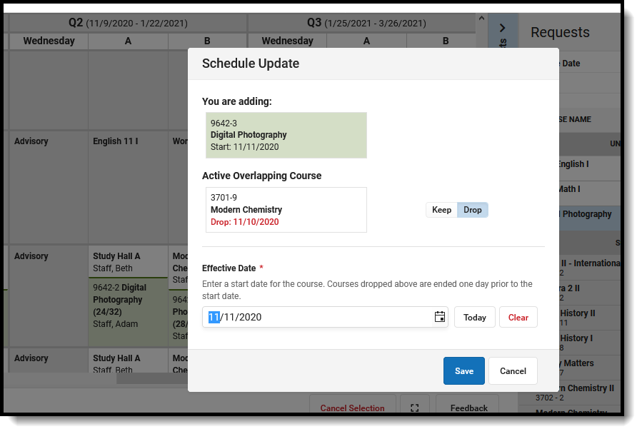 Screenshot showing the Schedule Update modal when adding unscheduled course requests to the schedule. 
