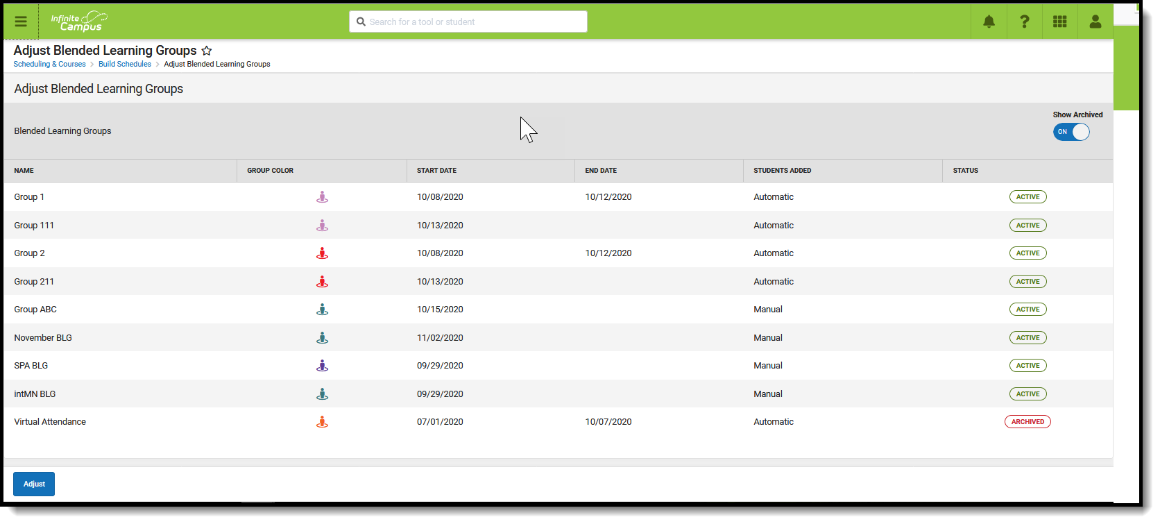 Screenshot of the Adjust Blended Learning Groups tool located at Scheduling & Courses, Blended Learning