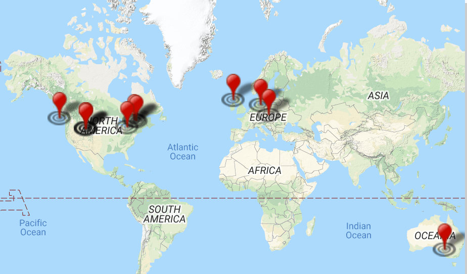 World map showing the locations of KnowledgeOwl swag shipments