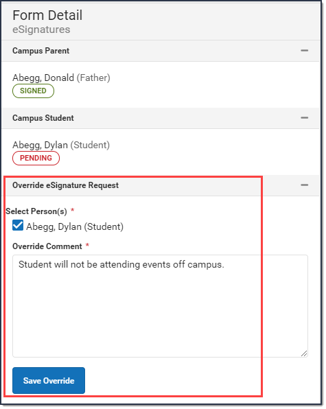 Screenshot of eSignatures panel that highlights the Select Persons checkbox, the Override Comment field, and the Save Override button.