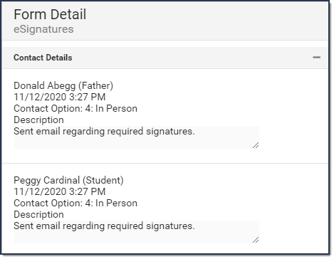 Screenshot of the contact logs that were completed for each person selected.