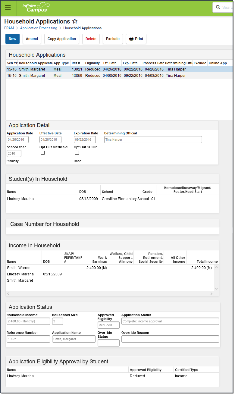 Screenshot of the Household Applications tool. A processed application is open to show included fields.