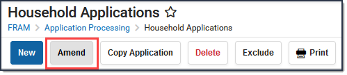 Screenshot of the Household Applications tool, highlighting the Amend button.