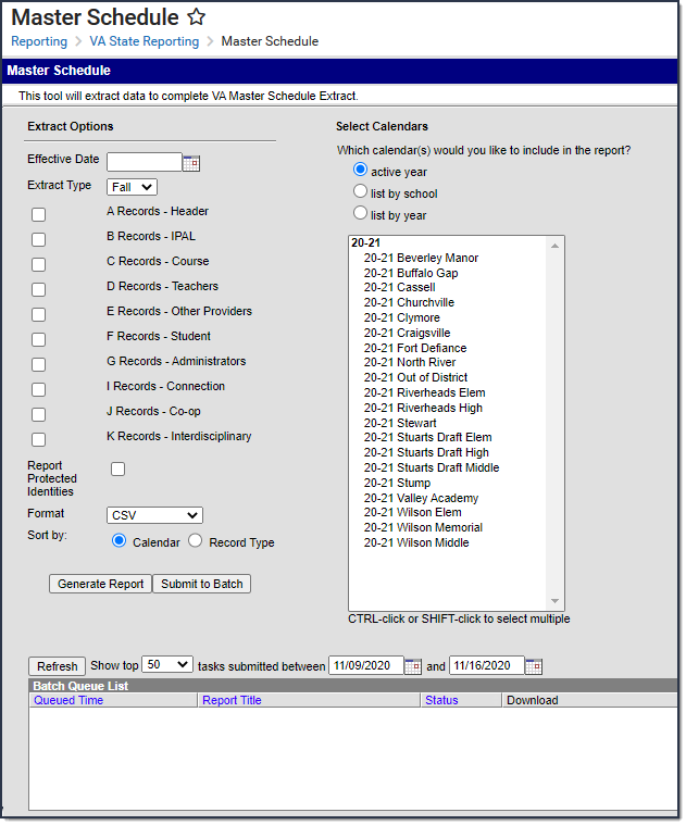 Screenshot of the Master Schedule Report extract editor.