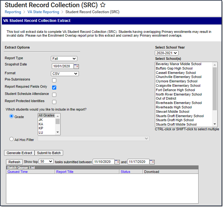Screenshot of the Student Record Collection report editor.