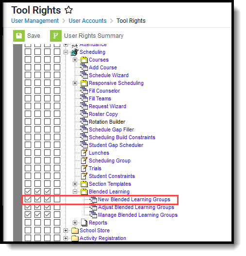 screenshot of the new blended learning groups tool rights in the classic navigation.