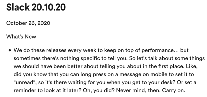 Screenshot of some of Slack's release notes