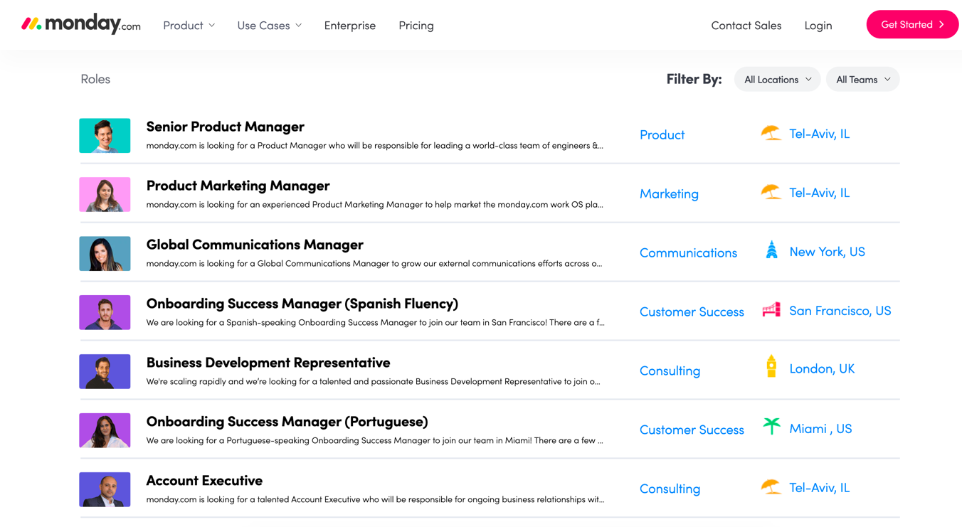 Screenshots of Monday's Careers page