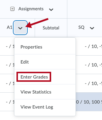 Indicates context menu and identifies Enter Grades options