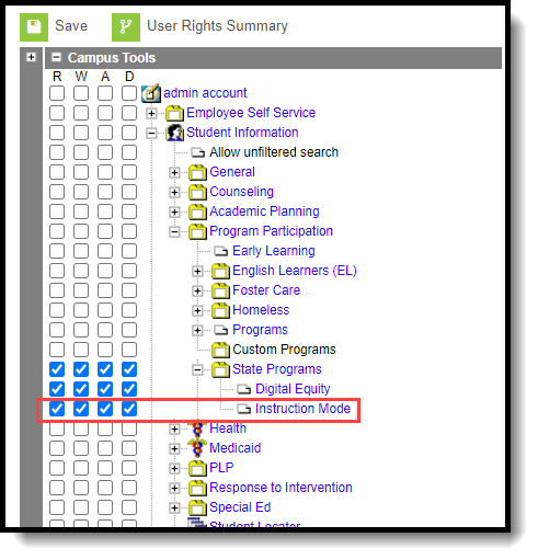Screenshot of the Tool Rights Editor highlighting the Instruction Mode section. 