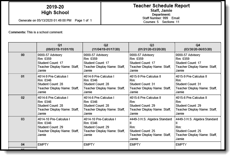Screenshot of PDF Teacher Schedule