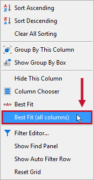 Best Fit (all columns) context menu