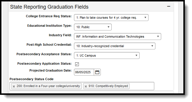 Screenshot of the State Reporting graduation fields.