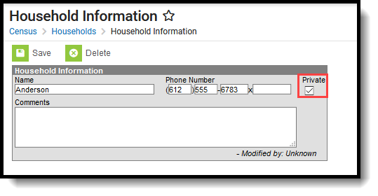 Screenshot highlighting the Private checkbox on Household Information tool.