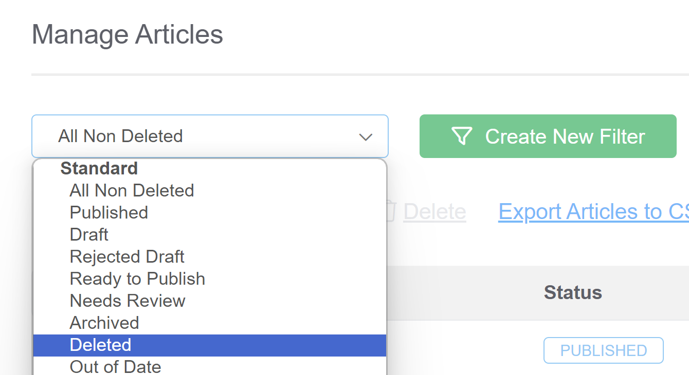 Screenshot showing the manage articles interface, with the article status dropdown open