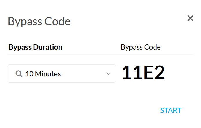 The Bypass Code interface, showing a bypass code with a duration of 10 minutes.