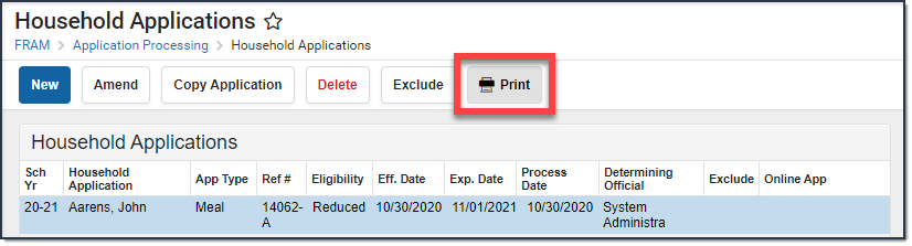 Screenshot of the Household Applications tool, highlighting the Print button.