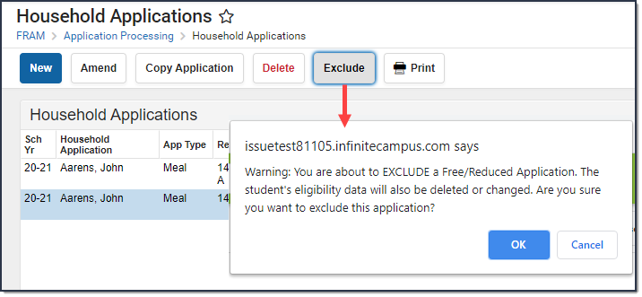 Screenshot of a selected household application with the Exclude button selected and the warning message that displays.