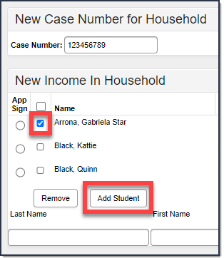 Screenshot of a household application, highlighting the selected checkbox for a household member and the Add Student button.