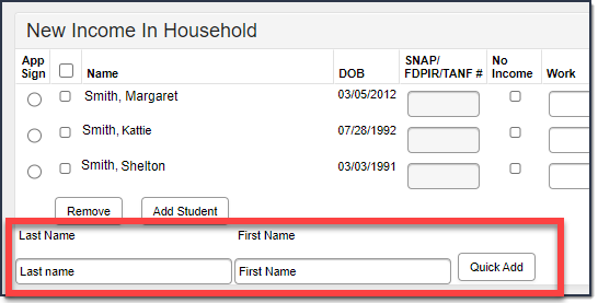 Screenshot of a Household Application in process, with the Quick Add name option fields highlighted.