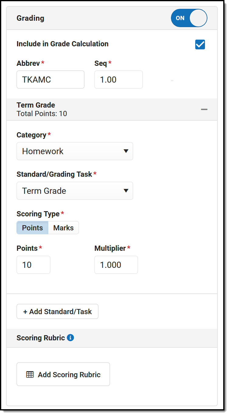 Screenshot of the Grading area of an assignment.