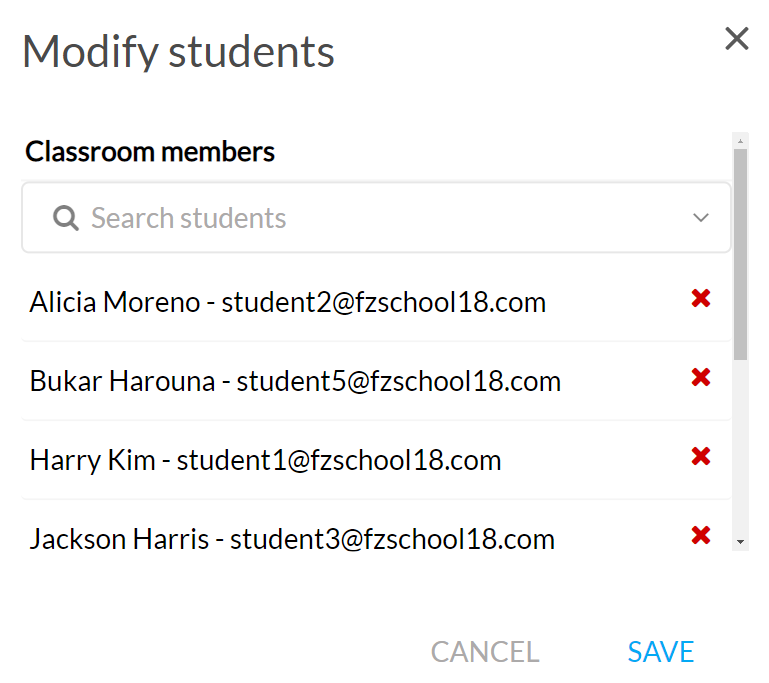 The Modify students interface, showing for students who can be removed from the class.