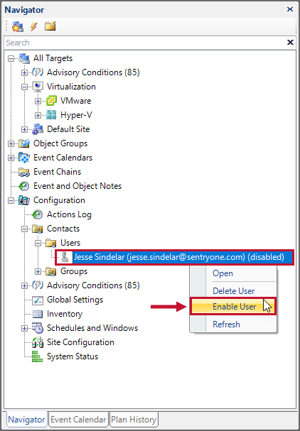 SQL Sentry Navigator pane Enable User