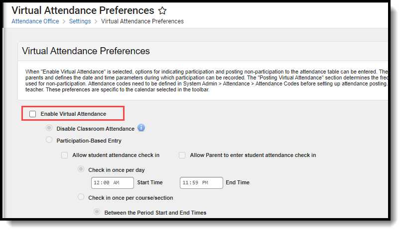Screenshot of virtual attendance preferences.