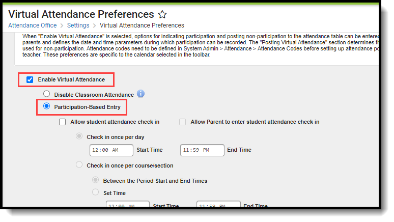 Screenshot of participation based attendance preferences.