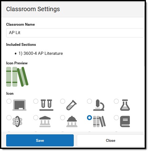 Screenshot of the Classroom Settings side panel. 