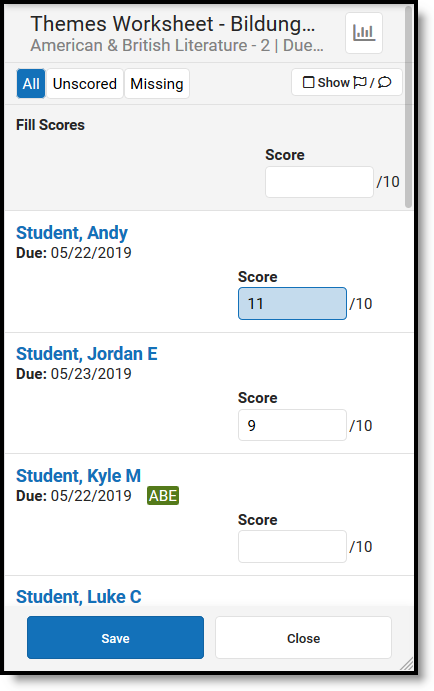 Screenshot of scoring an assignment with filter options at the top and score fields for each student. 