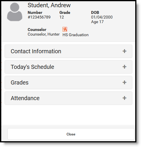 Screenshot of the Student Information side panel, with sections contact information, schedules, grades, and attendance. 