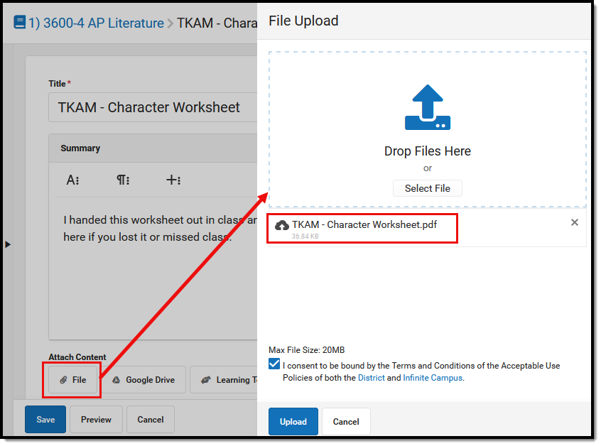 Screenshot of an assignment with the File button highlighted and a side panel showing the file upload options or drag and drop of selecting a file. 