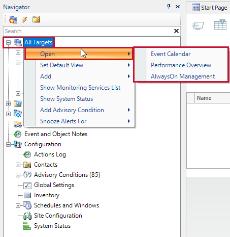 SQL Sentry Navigator Pane All Targets Open context menu options