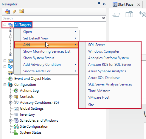 SQL Sentry Navigator Pane All Targets Add context menu options