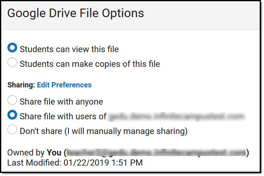 Screenshot of the file options available for google drive that determine how students interact with the file.  