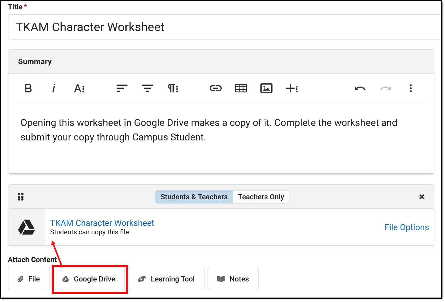 Screenshot of an assignment with a Google Drive file attached. 