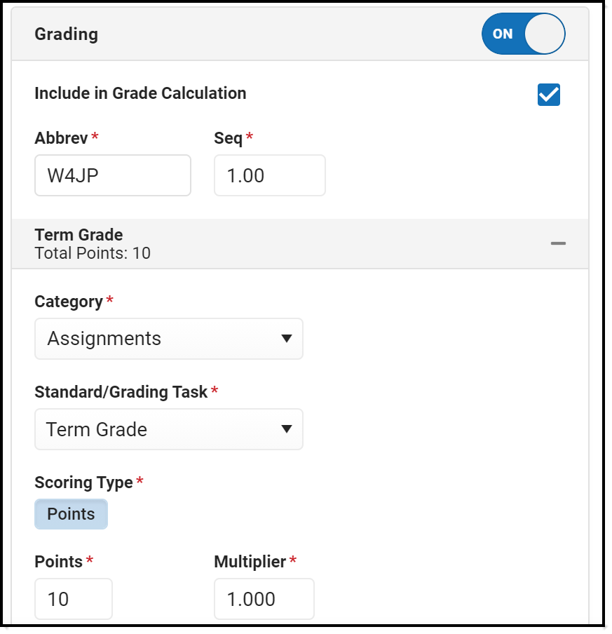 Screenshot of assignment Grading information. 