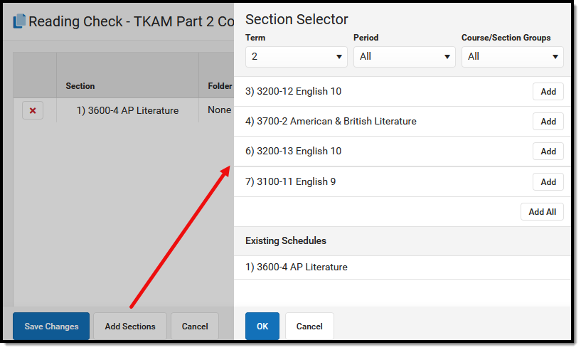 Screenshot highlighting the Add Sections button and showing the Section Selector side panel. 