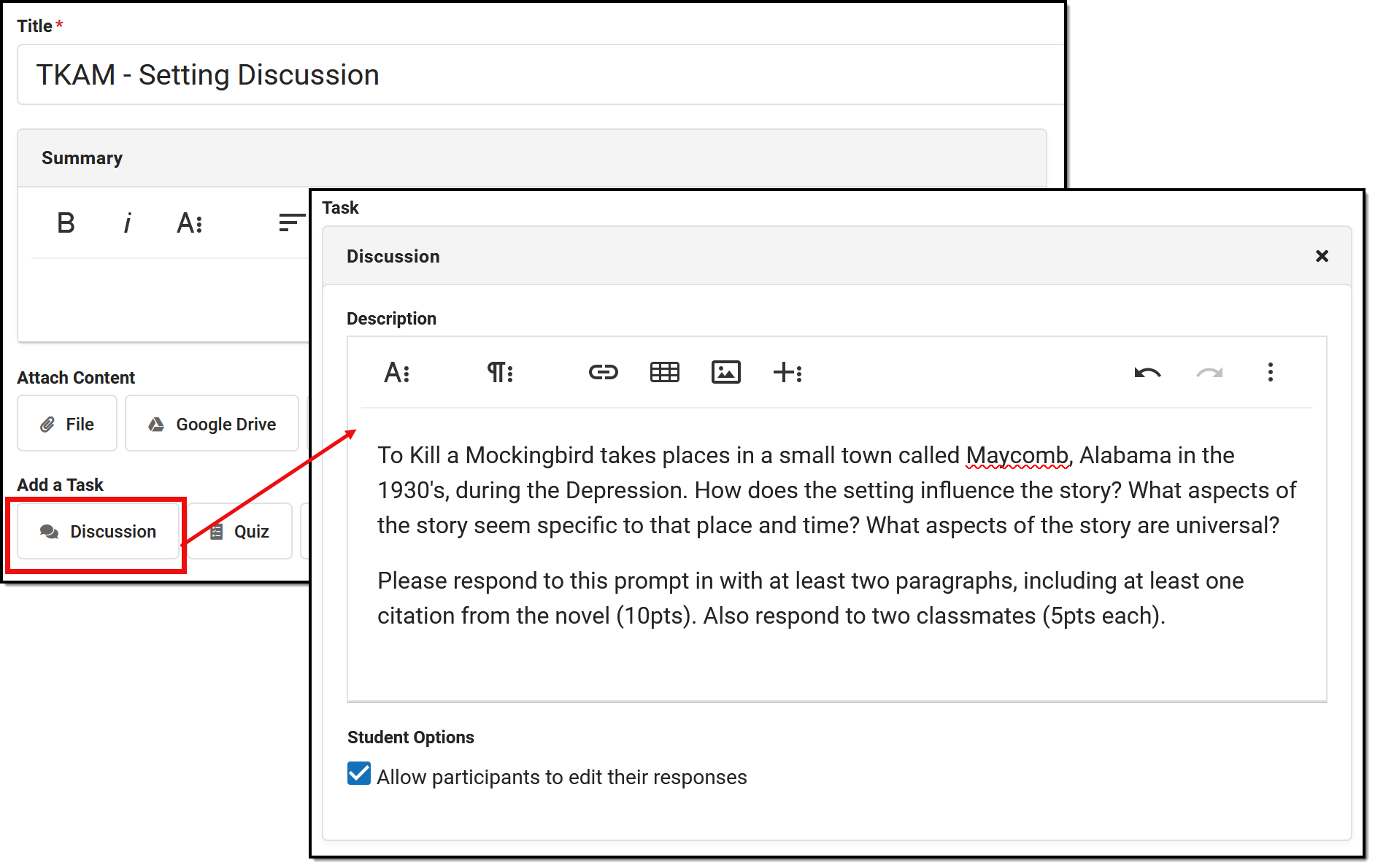 Screenshot highlighting the discussion button in the Add a Task section of an assignment and initial post written in the Description field.  