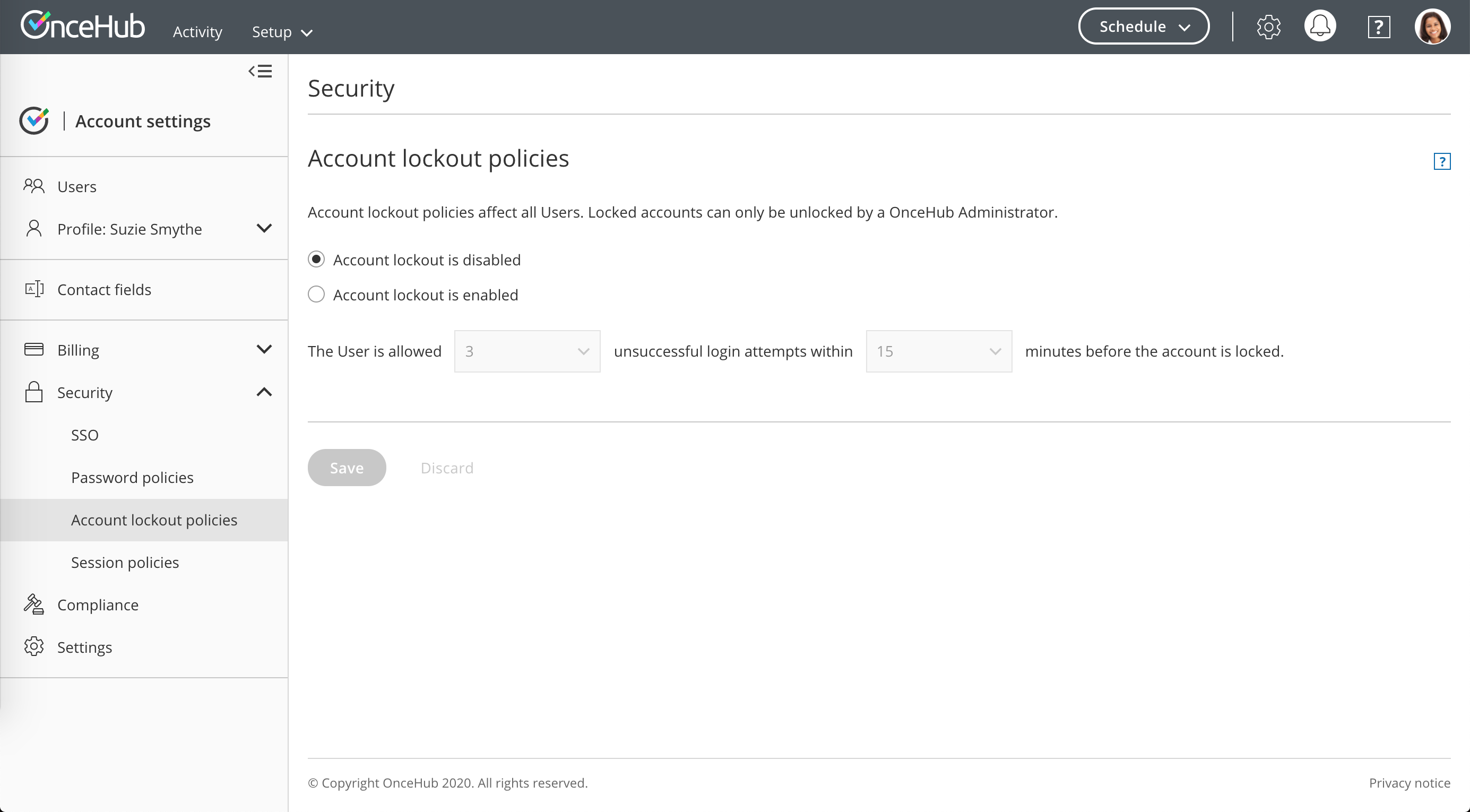 Account lockout policies OnceHub