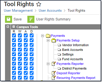 Screenshot of Tool Rights for the payment tools.